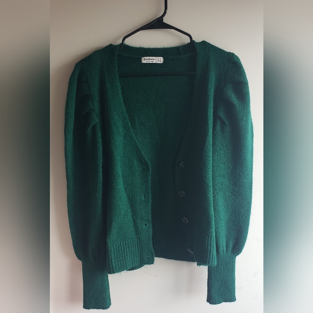 Stradivarius Green Cardigan Sweater with Ribbed Detailing